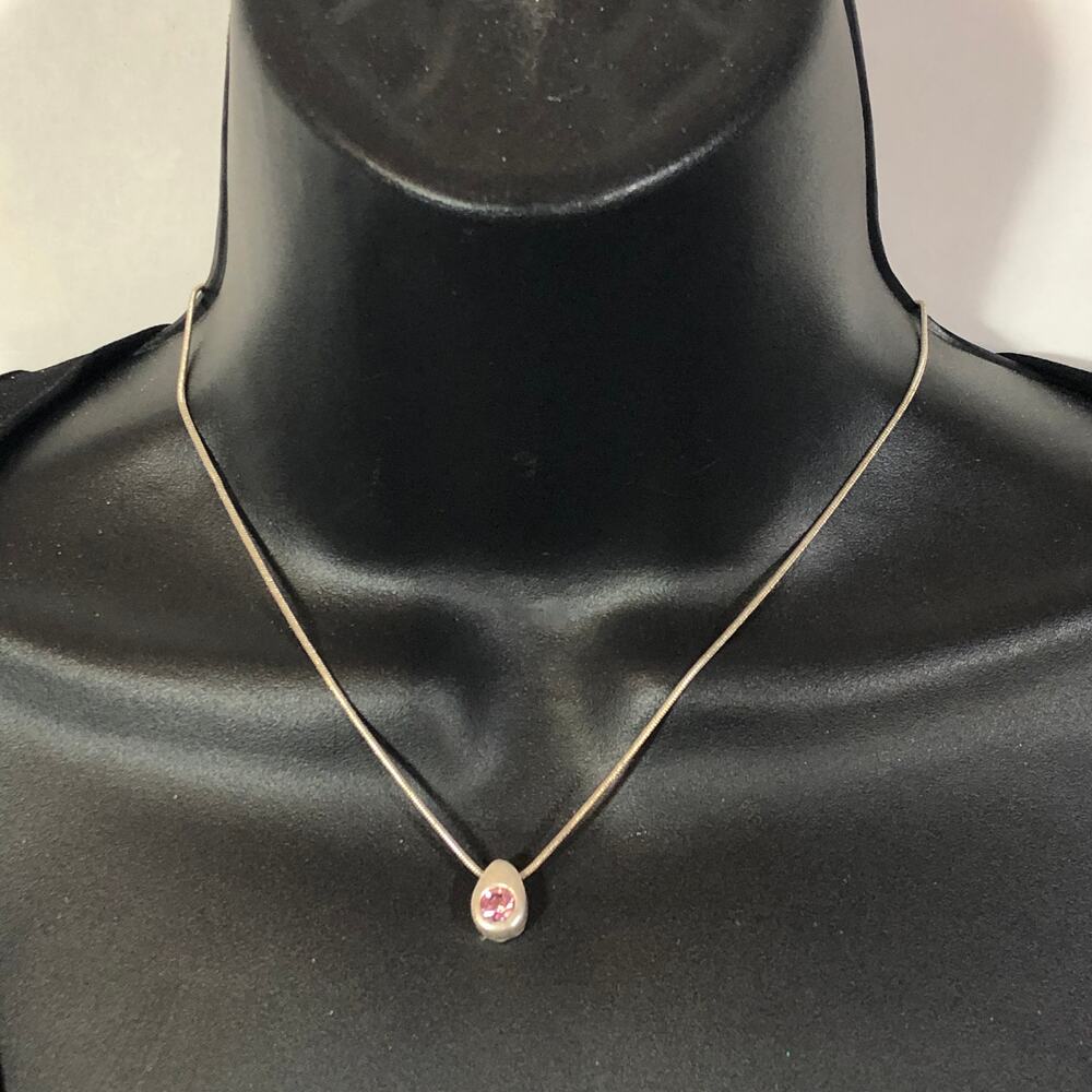 Pink Rhinestone Necklace Teardrop Pendant Silver Tone Chain Vintage Express
